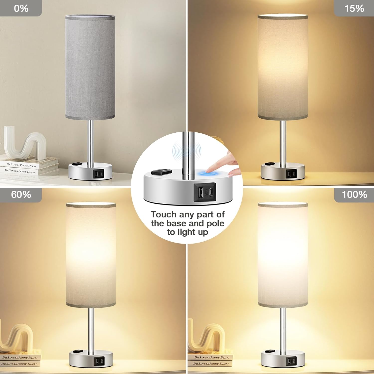 3-Way Dimmable Grey Nightstand Table Lamp with USB Charging Ports and AC Outlet - Small Silver Base Lamp for Bedroom, Living Room, Office Desk - LED Bulb Included