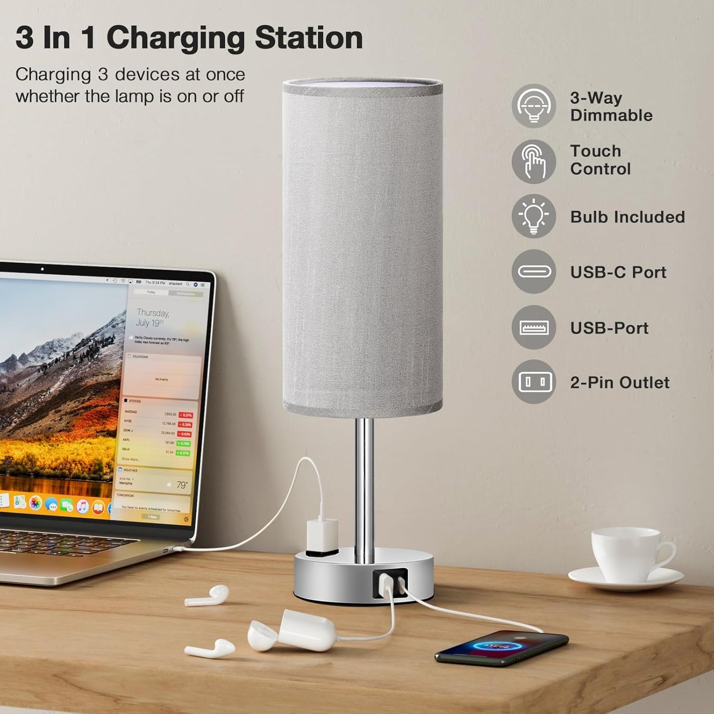 3-Way Dimmable Grey Nightstand Table Lamp with USB Charging Ports and AC Outlet - Small Silver Base Lamp for Bedroom, Living Room, Office Desk - LED Bulb Included