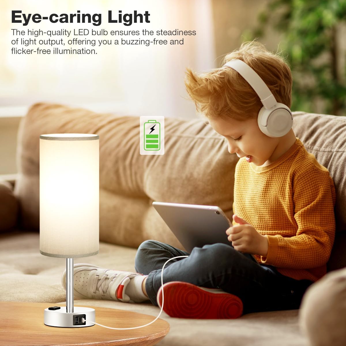 3-Way Dimmable Grey Nightstand Table Lamp with USB Charging Ports and AC Outlet - Small Silver Base Lamp for Bedroom, Living Room, Office Desk - LED Bulb Included