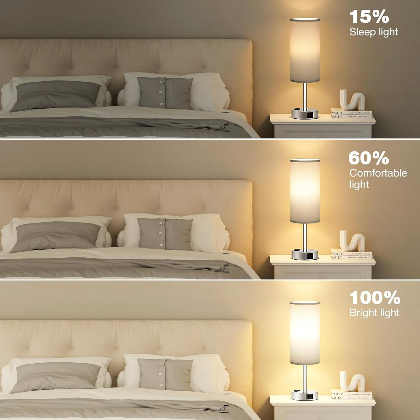 3-Way Dimmable Grey Nightstand Table Lamp with USB Charging Ports and AC Outlet - Small Silver Base Lamp for Bedroom, Living Room, Office Desk - LED Bulb Included
