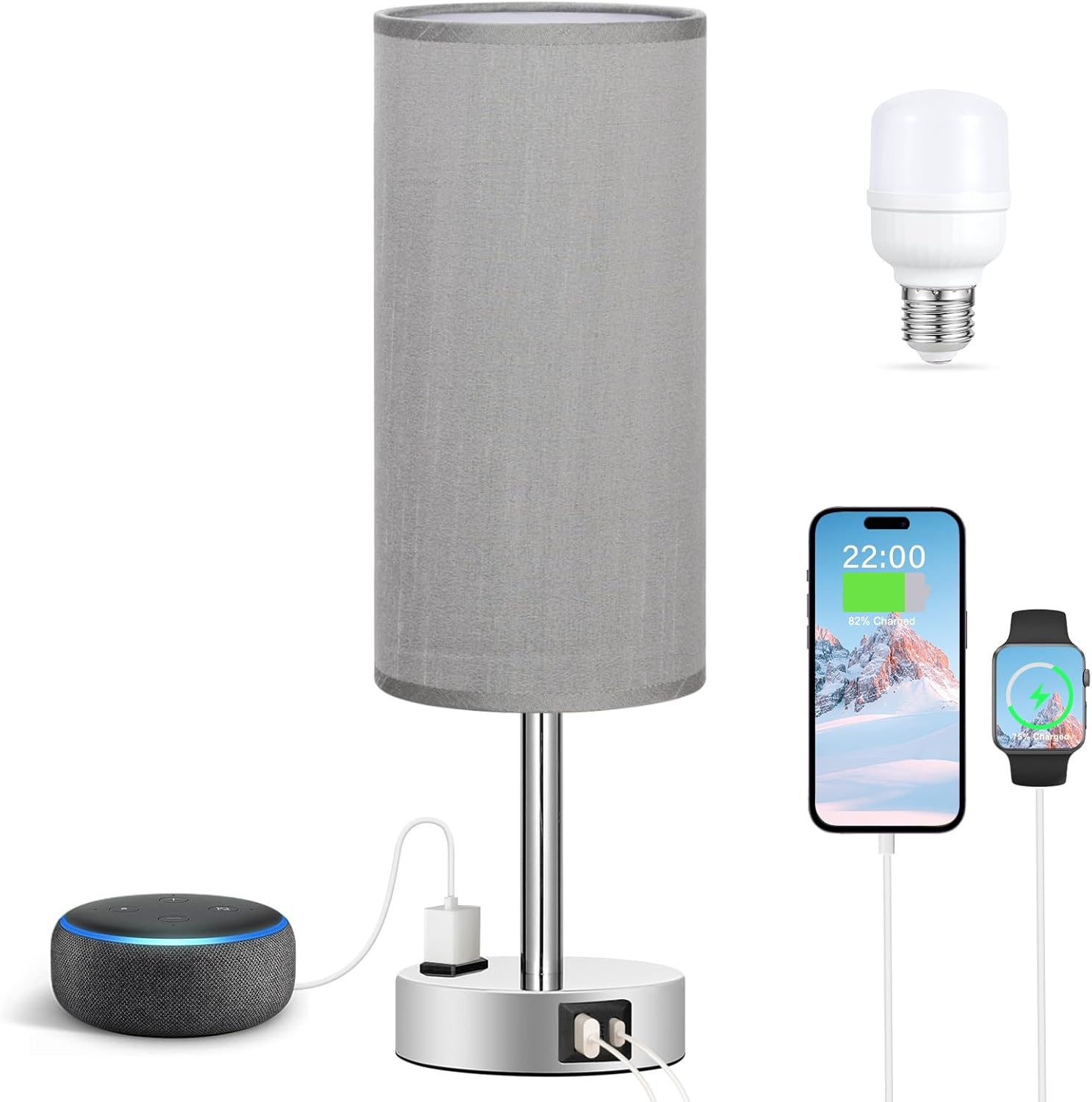 3-Way Dimmable Grey Nightstand Table Lamp with USB Charging Ports and AC Outlet - Small Silver Base Lamp for Bedroom, Living Room, Office Desk - LED Bulb Included