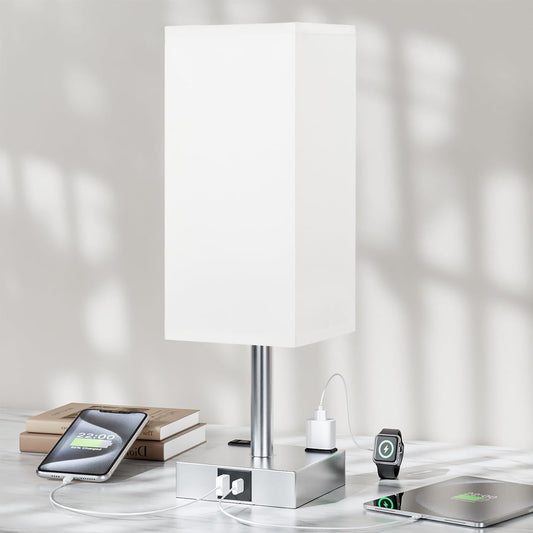 3-Way Dimmable Touch Bedside Table Lamp with USB Ports, AC Outlets, and LED Bulb - Small Desk Light for Bedroom, Living Room, Dorm, Office - White