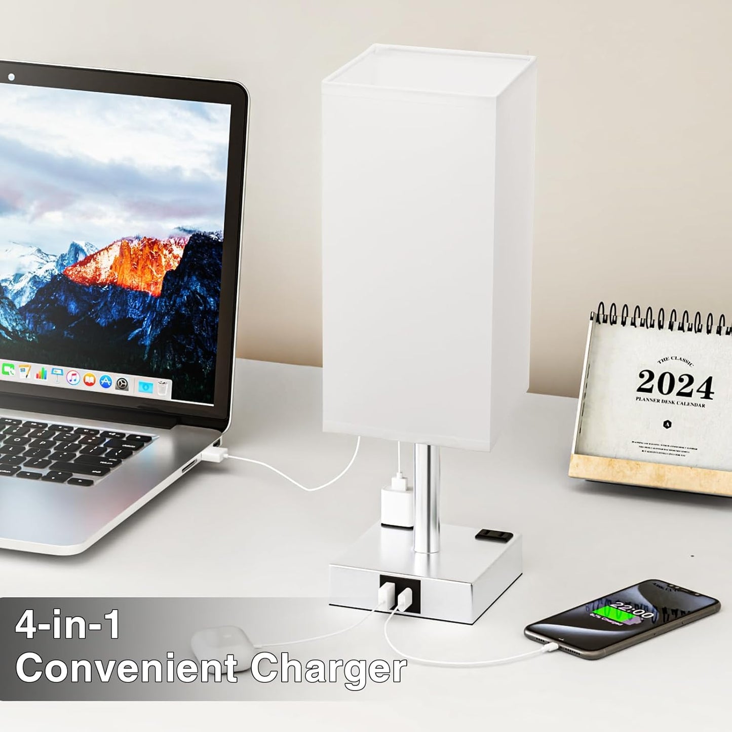 3-Way Dimmable Touch Bedside Table Lamp with USB Ports, AC Outlets, and LED Bulb - Small Desk Light for Bedroom, Living Room, Dorm, Office - White