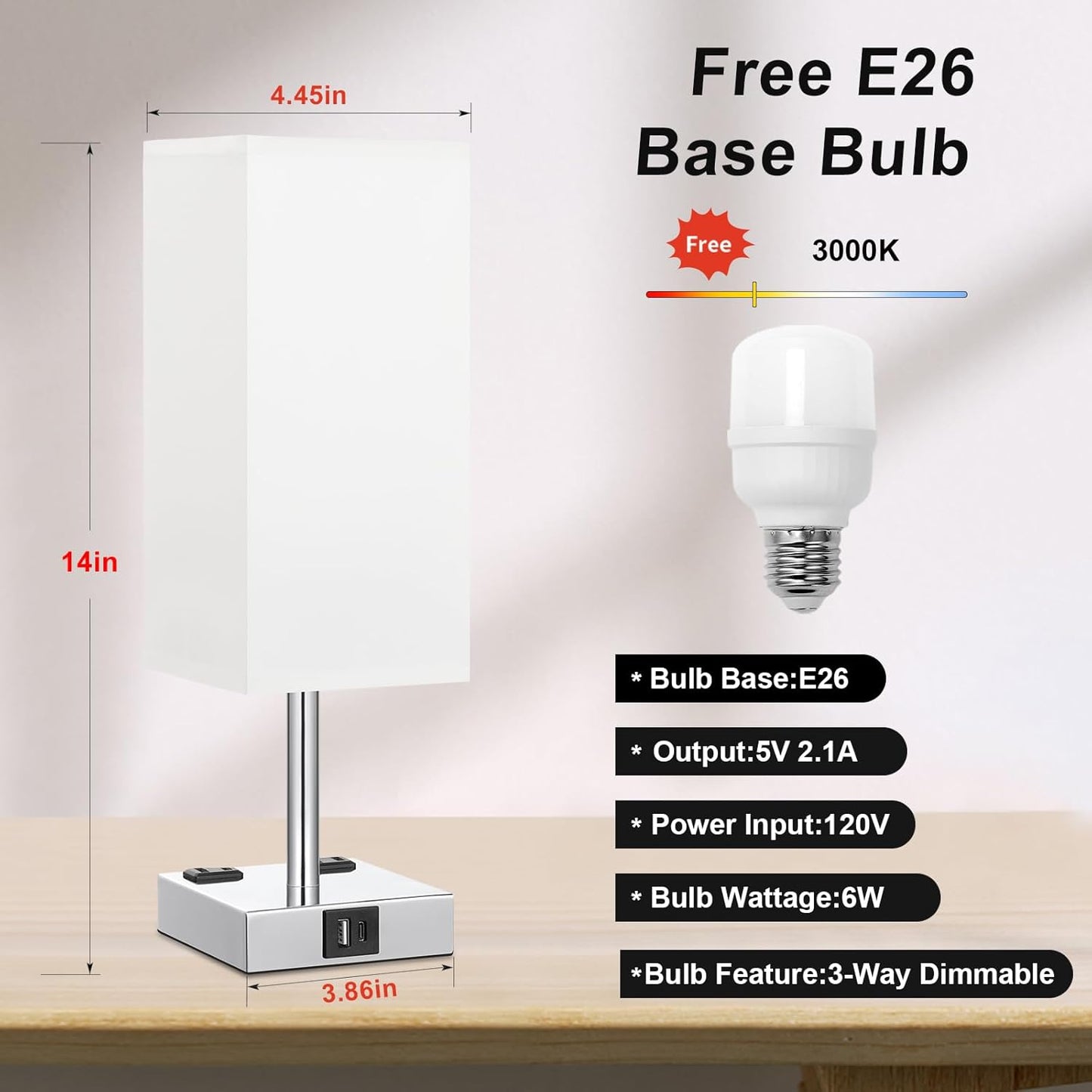 3-Way Dimmable Touch Bedside Table Lamp with USB Ports, AC Outlets, and LED Bulb - Small Desk Light for Bedroom, Living Room, Dorm, Office - White