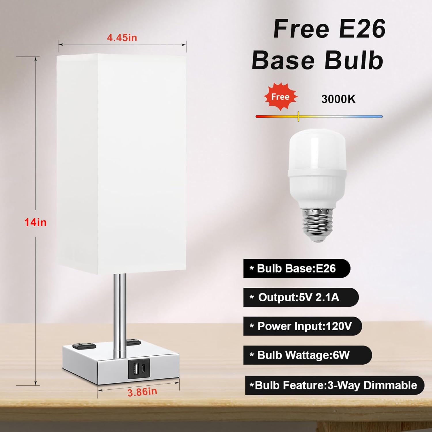 3-Way Dimmable Touch Bedside Table Lamp with USB Ports, AC Outlets, and LED Bulb - Small Desk Light for Bedroom, Living Room, Dorm, Office - White