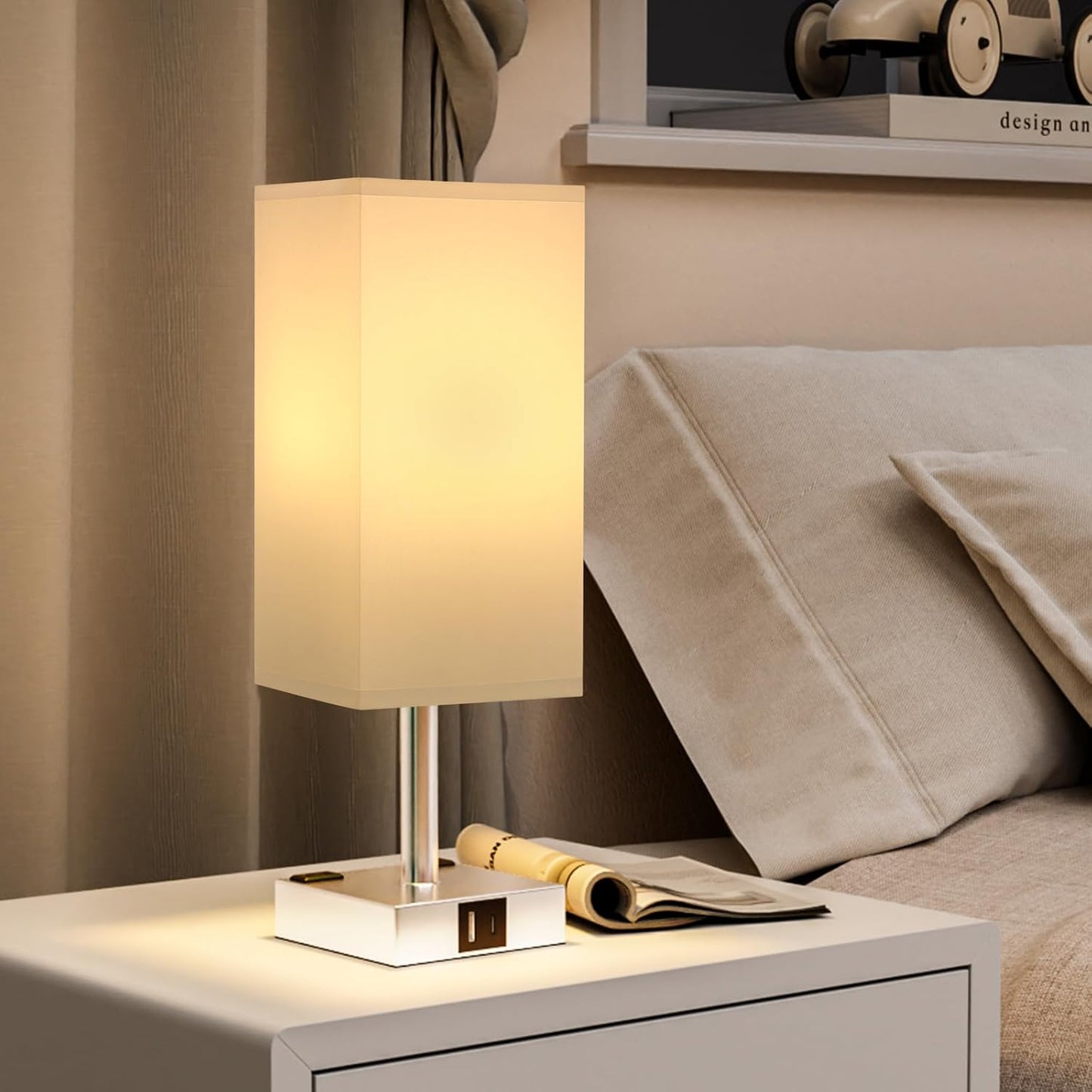 3-Way Dimmable Touch Bedside Table Lamp with USB Ports, AC Outlets, and LED Bulb - Small Desk Light for Bedroom, Living Room, Dorm, Office - White
