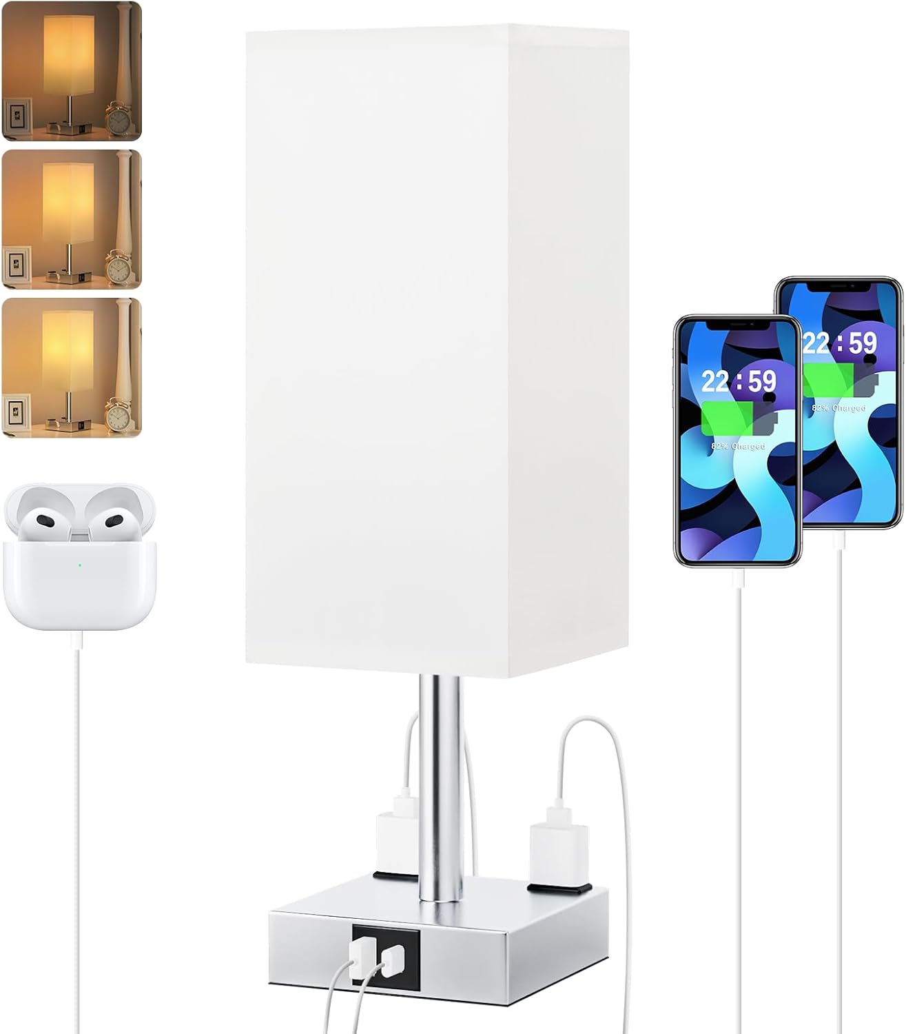 3-Way Dimmable Touch Bedside Table Lamp with USB Ports, AC Outlets, and LED Bulb - Small Desk Light for Bedroom, Living Room, Dorm, Office - White