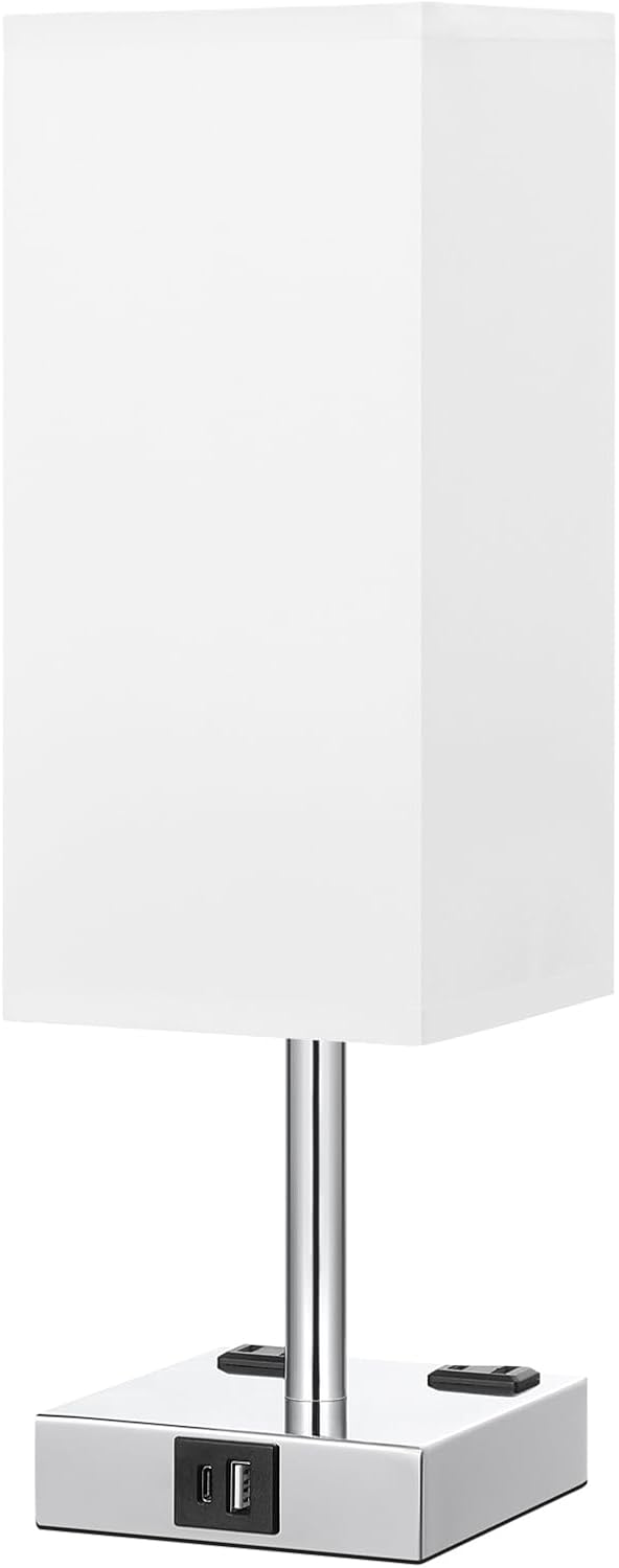 3-Way Dimmable Touch Bedside Table Lamp with USB Ports, AC Outlets, and LED Bulb - Small Desk Light for Bedroom, Living Room, Dorm, Office - White