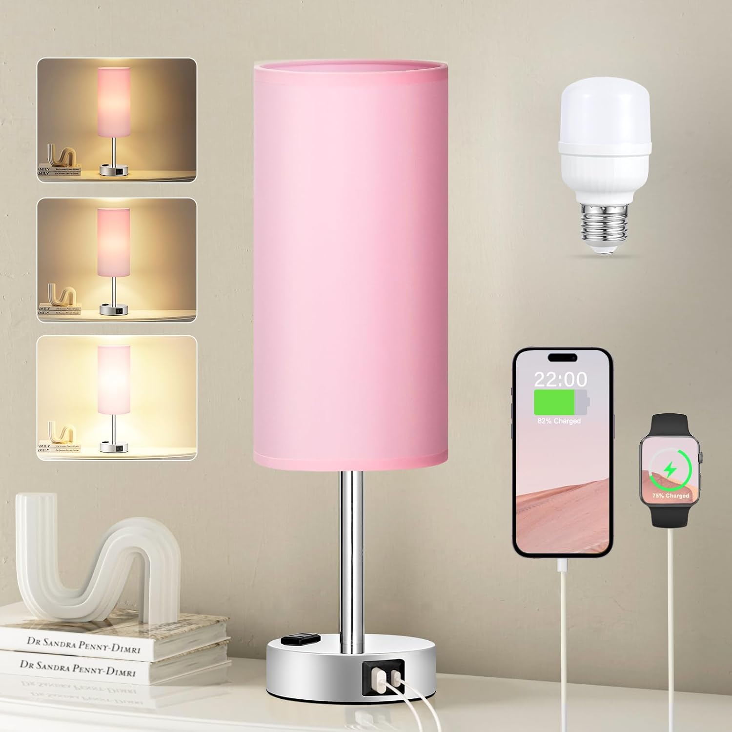 3-Way Dimmable Touch Table Lamp with USB C Charging Ports - Fenmzee Pink Lamp for Bedroom Nightstand, Small Desk Lamp for Girls Room with AC Outlet and LED Bulb
