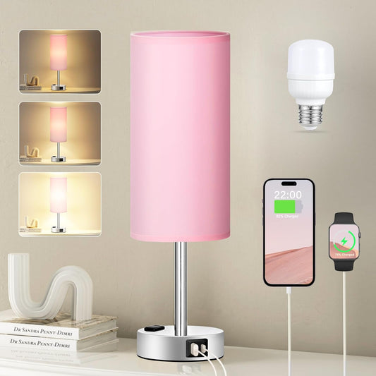 3-Way Dimmable Touch Table Lamp with USB C Charging Ports - Fenmzee Pink Lamp for Bedroom Nightstand, Small Desk Lamp for Girls Room with AC Outlet and LED Bulb