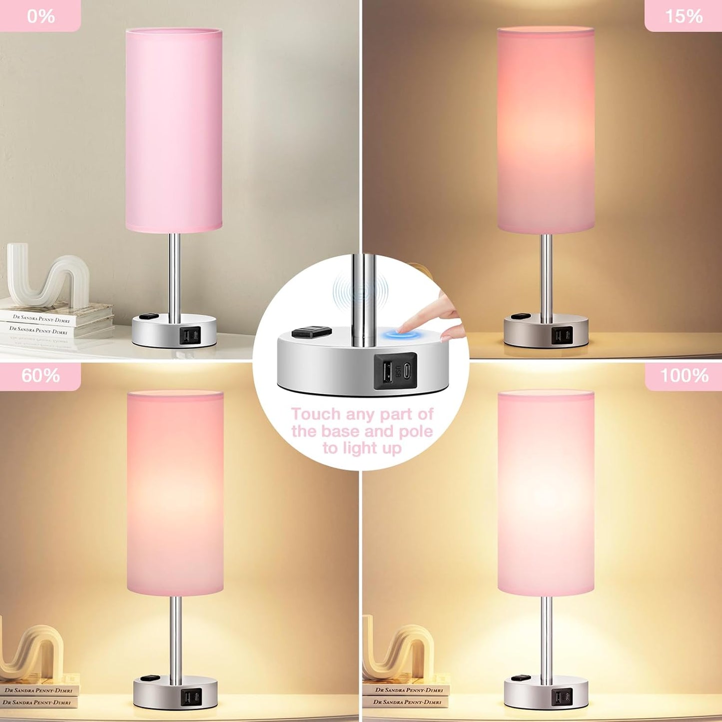 3-Way Dimmable Touch Table Lamp with USB C Charging Ports - Fenmzee Pink Lamp for Bedroom Nightstand, Small Desk Lamp for Girls Room with AC Outlet and LED Bulb