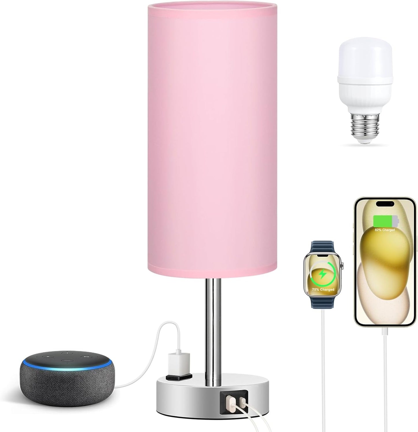 3-Way Dimmable Touch Table Lamp with USB C Charging Ports - Fenmzee Pink Lamp for Bedroom Nightstand, Small Desk Lamp for Girls Room with AC Outlet and LED Bulb
