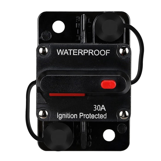 30 AMP Audio Circuit Breaker with Reset Button for Automotive Marine Boat - 12-48V DC Fuse Holder, 30-300A Breaker Switch, Inline Current Overload Protection