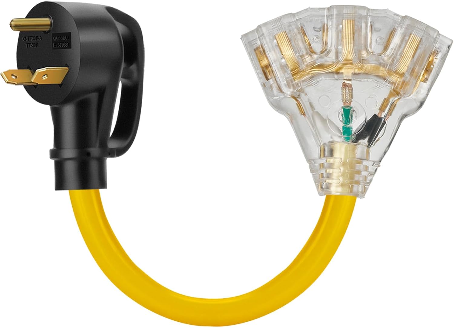 30 Amp RV Distribution Adapter Cord with LED Power Indicator - TT-30P Male to 3X 5-15R/5-20R T-Blade Female Household Outlets