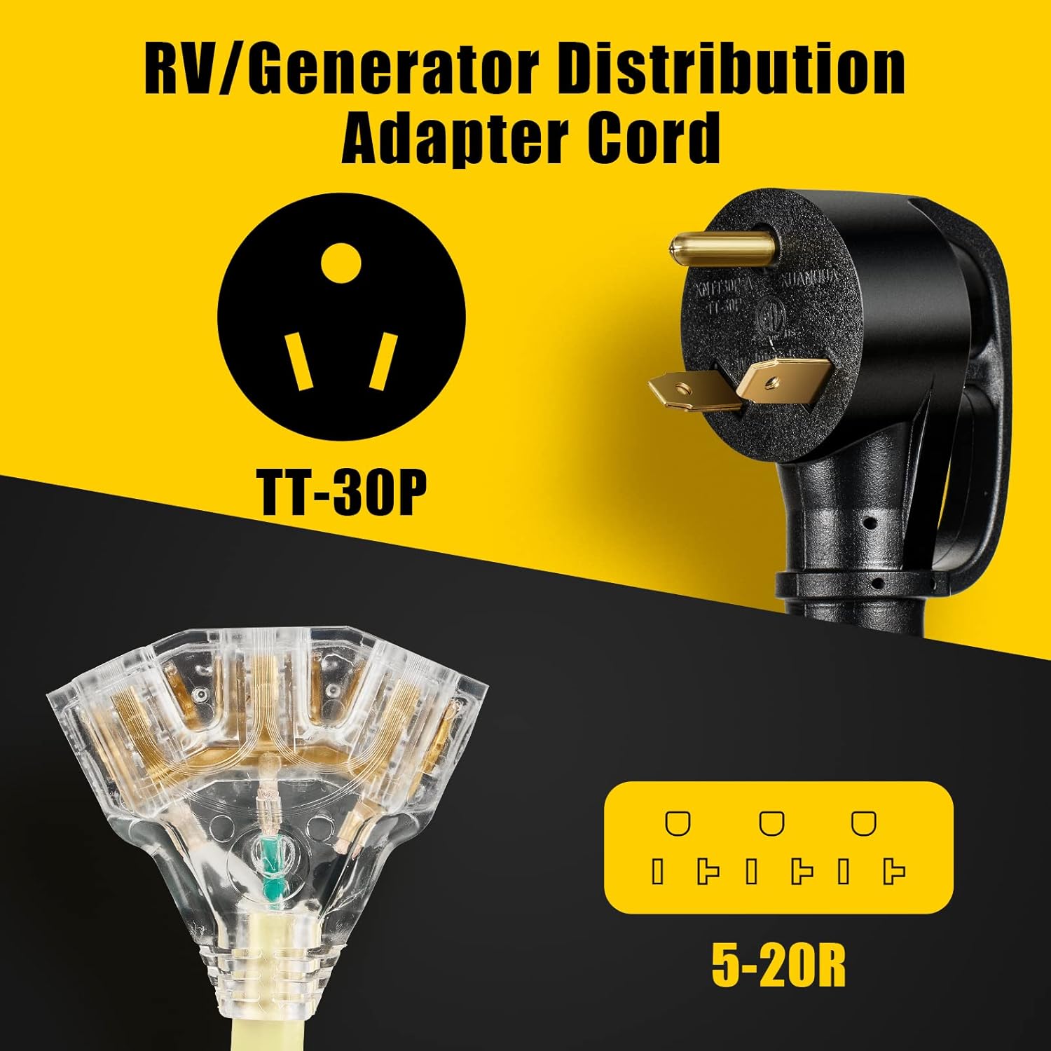 30 Amp RV Distribution Adapter Cord with LED Power Indicator - TT-30P Male to 3X 5-15R/5-20R T-Blade Female Household Outlets