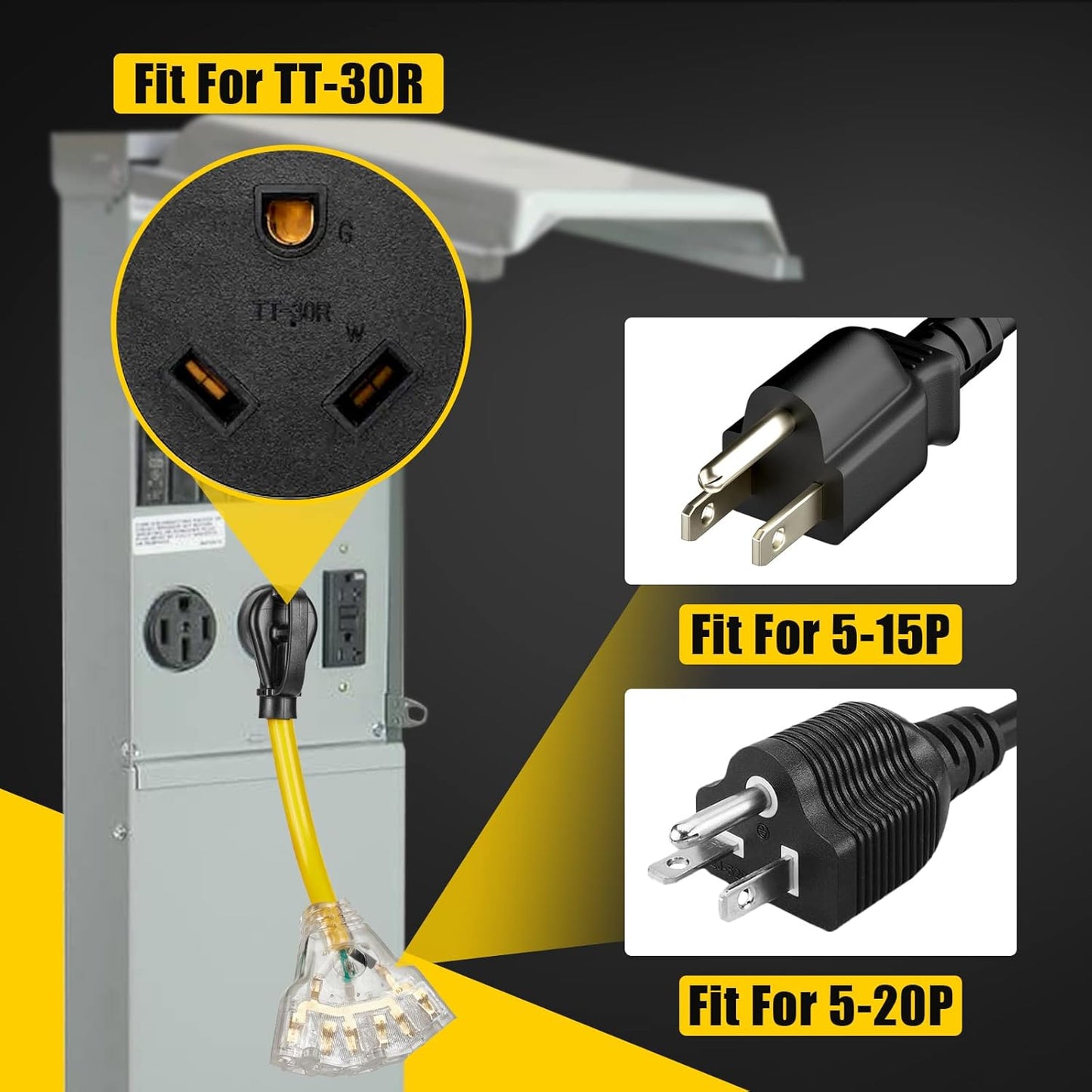 30 Amp RV Distribution Adapter Cord with LED Power Indicator - TT-30P Male to 3X 5-15R/5-20R T-Blade Female Household Outlets