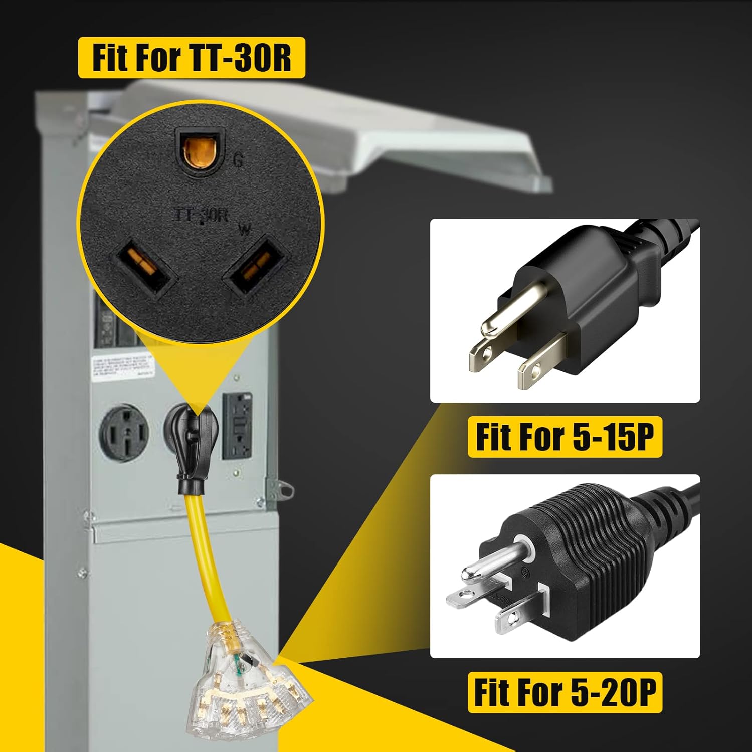 30 Amp RV Distribution Adapter Cord with LED Power Indicator - TT-30P Male to 3X 5-15R/5-20R T-Blade Female Household Outlets