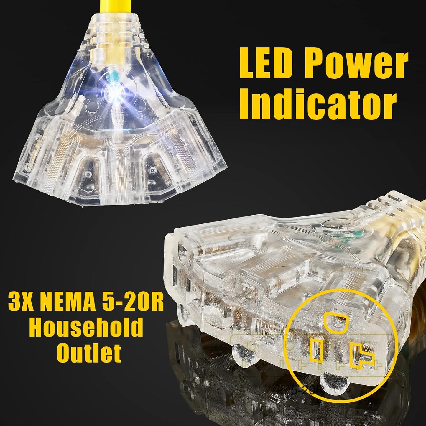 30 Amp RV Distribution Adapter Cord with LED Power Indicator - TT-30P Male to 3X 5-15R/5-20R T-Blade Female Household Outlets