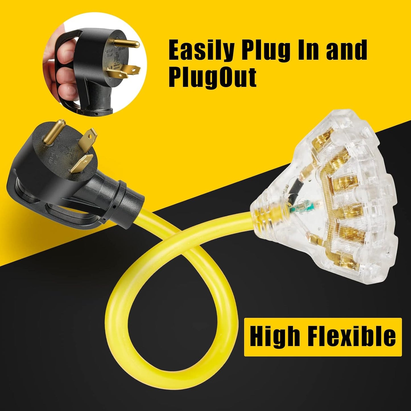 30 Amp RV Distribution Adapter Cord with LED Power Indicator - TT-30P Male to 3X 5-15R/5-20R T-Blade Female Household Outlets