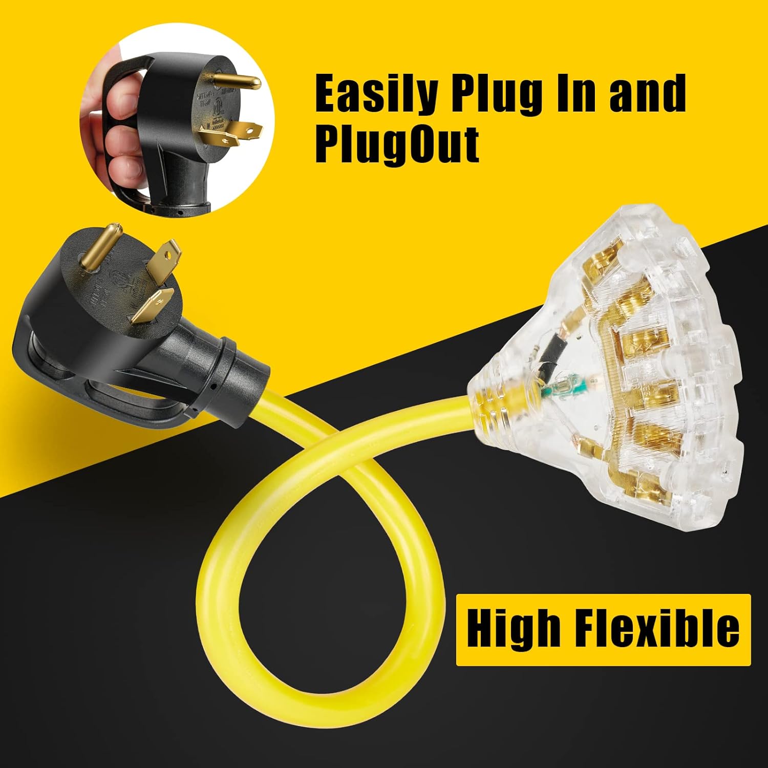 30 Amp RV Distribution Adapter Cord with LED Power Indicator - TT-30P Male to 3X 5-15R/5-20R T-Blade Female Household Outlets