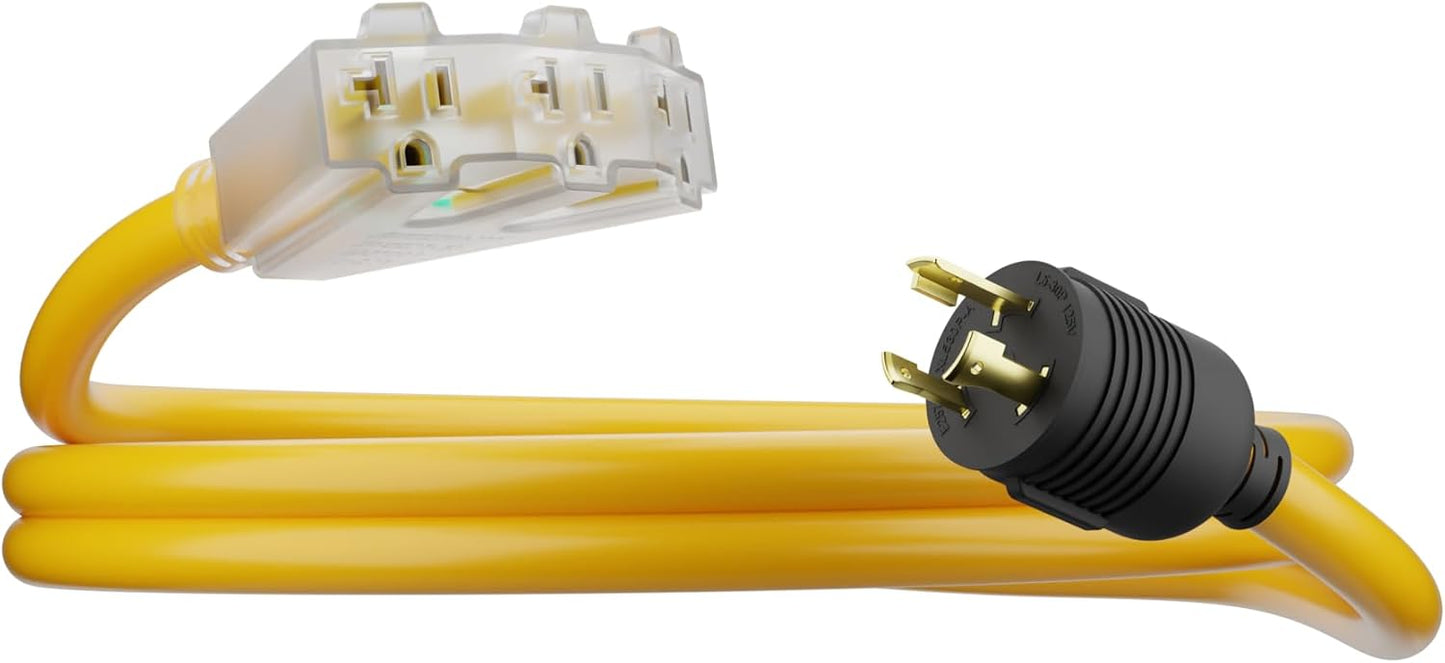 30 Amp to 110 Adapter L5-30P/TT-30P to LIT 3-Way Outlet Splitter - 125V, 30A to 15-20A, 10AWG 3-Prong Locking Triple Tap 5-20R for RV Generators - 2FT