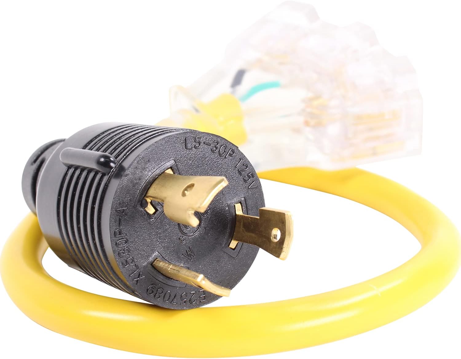 30 Amp to 110 Adapter L5-30P/TT-30P to LIT 3-Way Outlet Splitter - 125V, 30A to 15-20A, 10AWG 3-Prong Locking Triple Tap 5-20R for RV Generators - 2FT