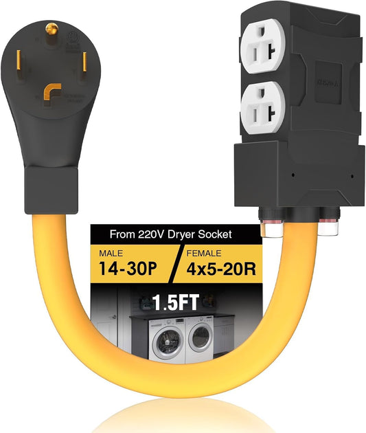 30 Amp to 20 Amp 110 Adapter with Circuit Breaker - 1.5 FT Dryer Adapter Cord Distribution - ETL Listed Household Outlet Adapter