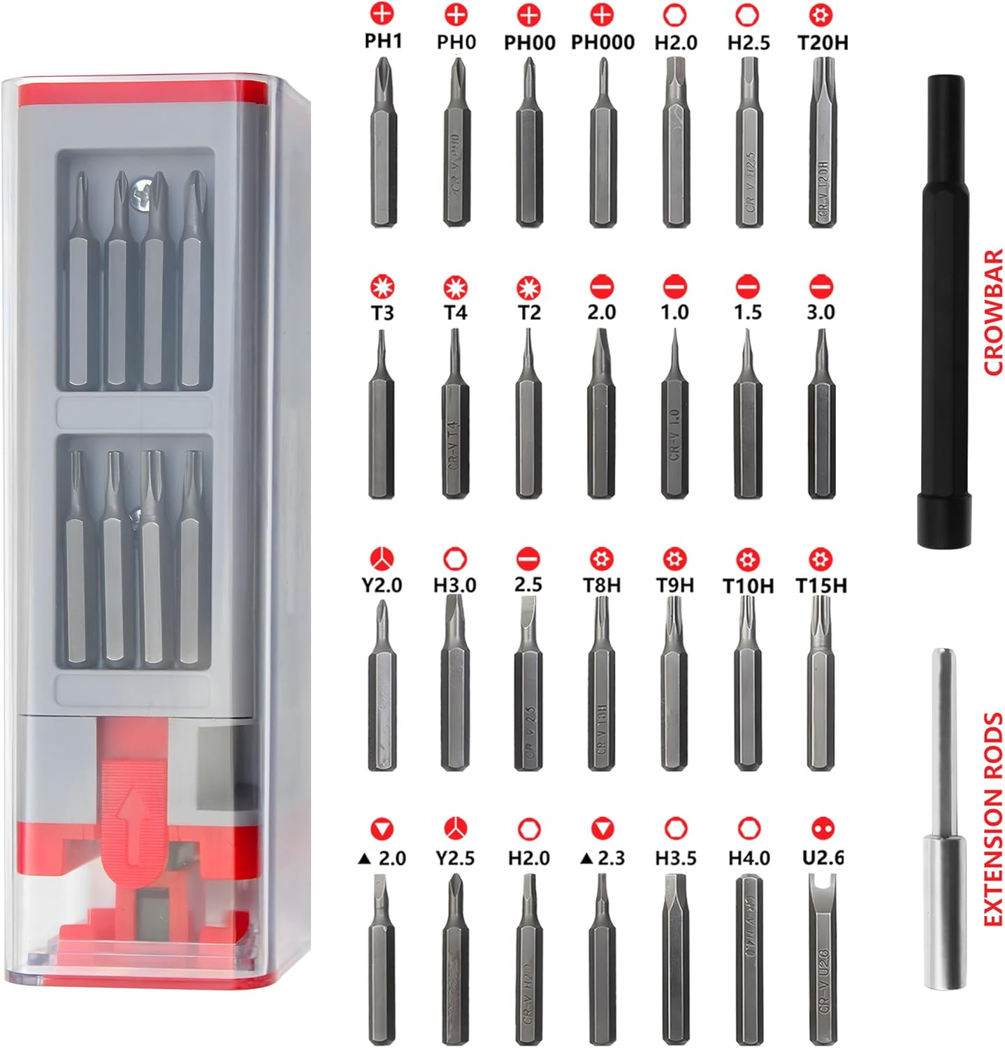 30-in-1 Precision Screwdriver Set with Magnetic Bits for iPhone, Tablet, Xbox, PS4, Watch, Eyeglass Repair - Red