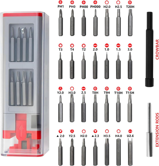 30-in-1 Precision Screwdriver Set with Magnetic Bits for iPhone, Tablet, Xbox, PS4, Watch, Eyeglass Repair - Red