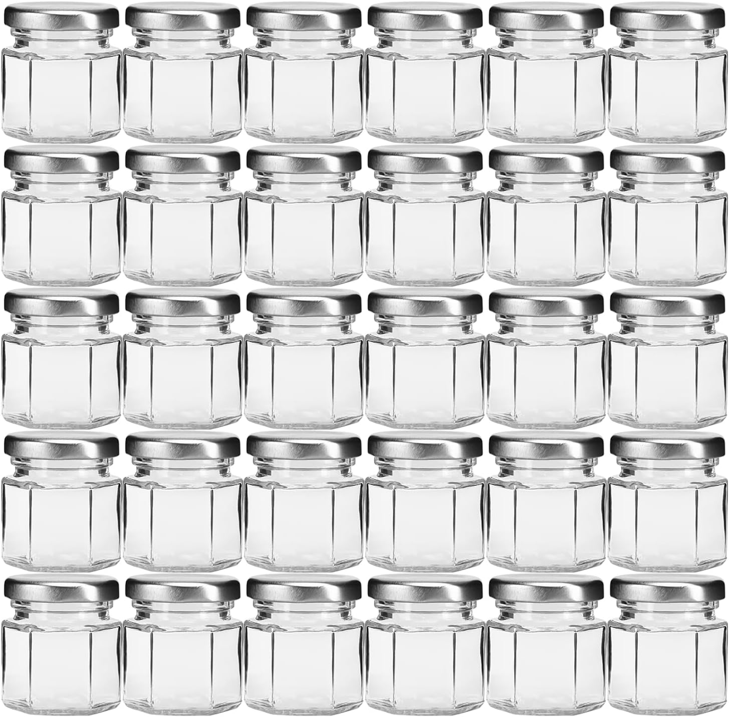 30-Pack 1.5oz Hexagon Glass Honey Jars with Silver Lids - Mini Party Favors, Airtight Storage, Ideal for Yogurt, Candles, Jam, Spice - Includes 36 Chalkboard Labels, Perfect for Wedding Favors
