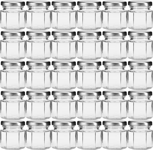 30-Pack 1.5oz Hexagon Glass Honey Jars with Silver Lids - Mini Party Favors, Airtight Storage, Ideal for Yogurt, Candles, Jam, Spice - Includes 36 Chalkboard Labels, Perfect for Wedding Favors