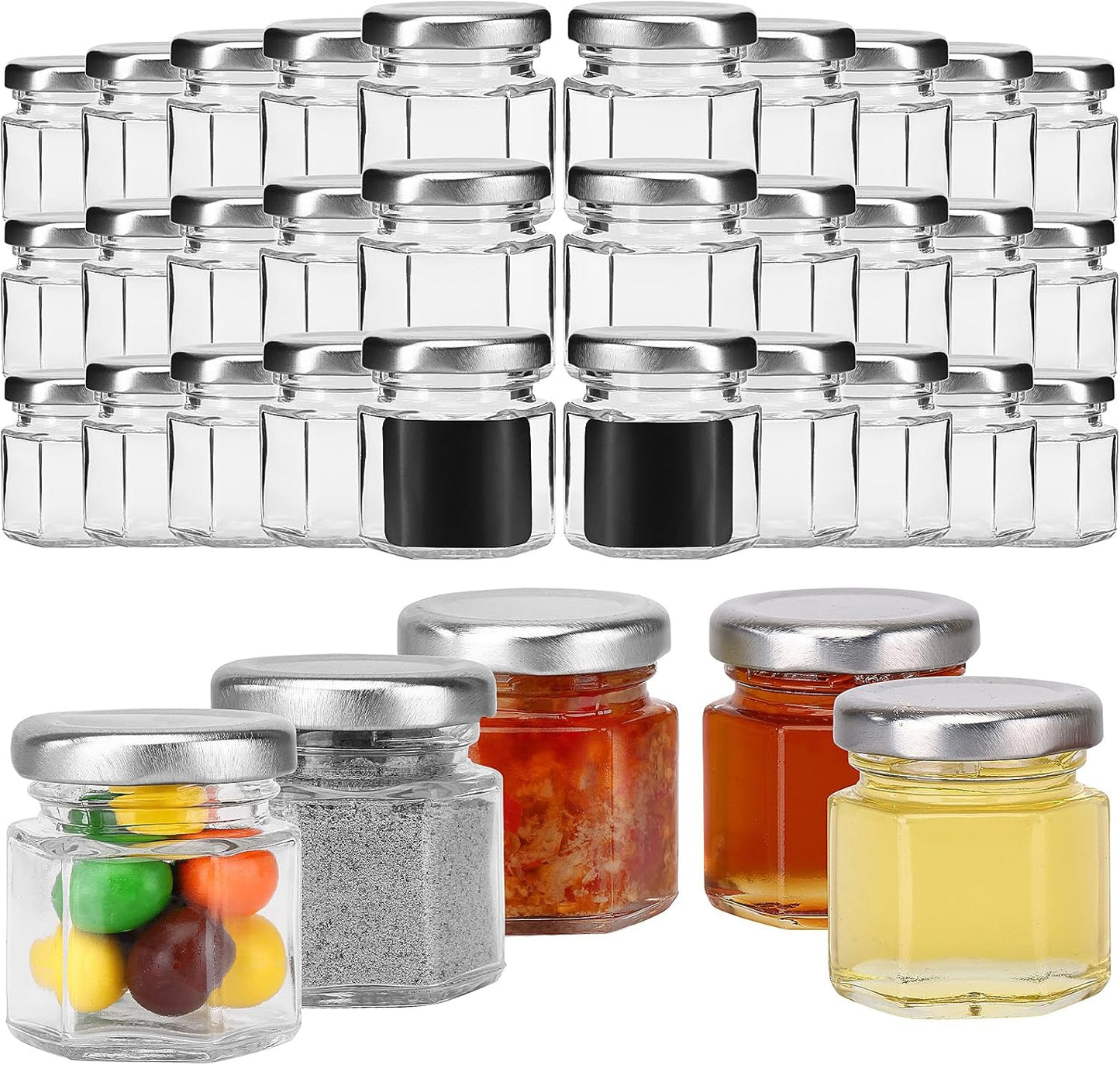 30-Pack 1.5oz Hexagon Glass Honey Jars with Silver Lids - Mini Party Favors, Airtight Storage, Ideal for Yogurt, Candles, Jam, Spice - Includes 36 Chalkboard Labels, Perfect for Wedding Favors