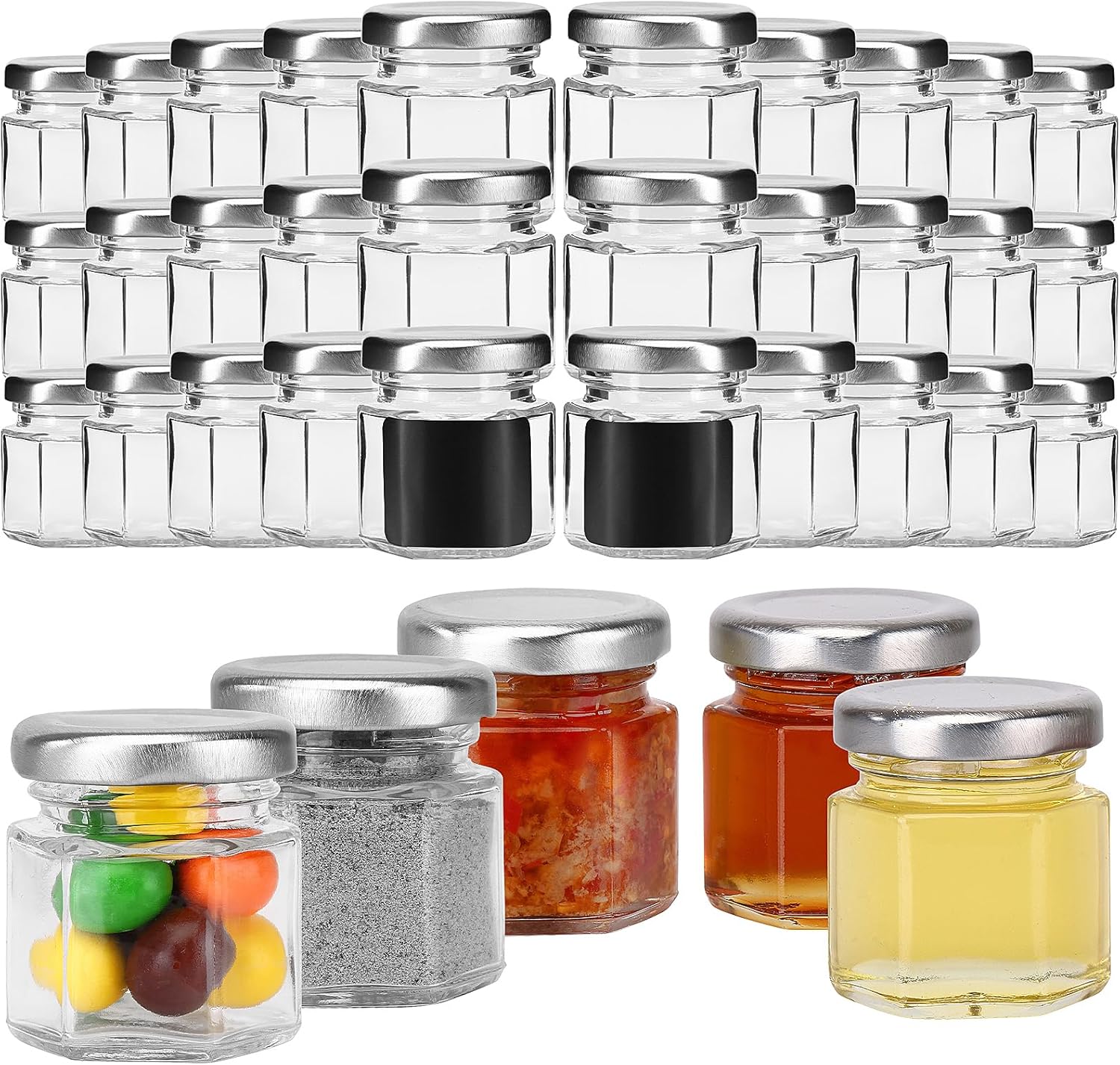 30-Pack 1.5oz Hexagon Glass Honey Jars with Silver Lids - Mini Party Favors, Airtight Storage, Ideal for Yogurt, Candles, Jam, Spice - Includes 36 Chalkboard Labels, Perfect for Wedding Favors