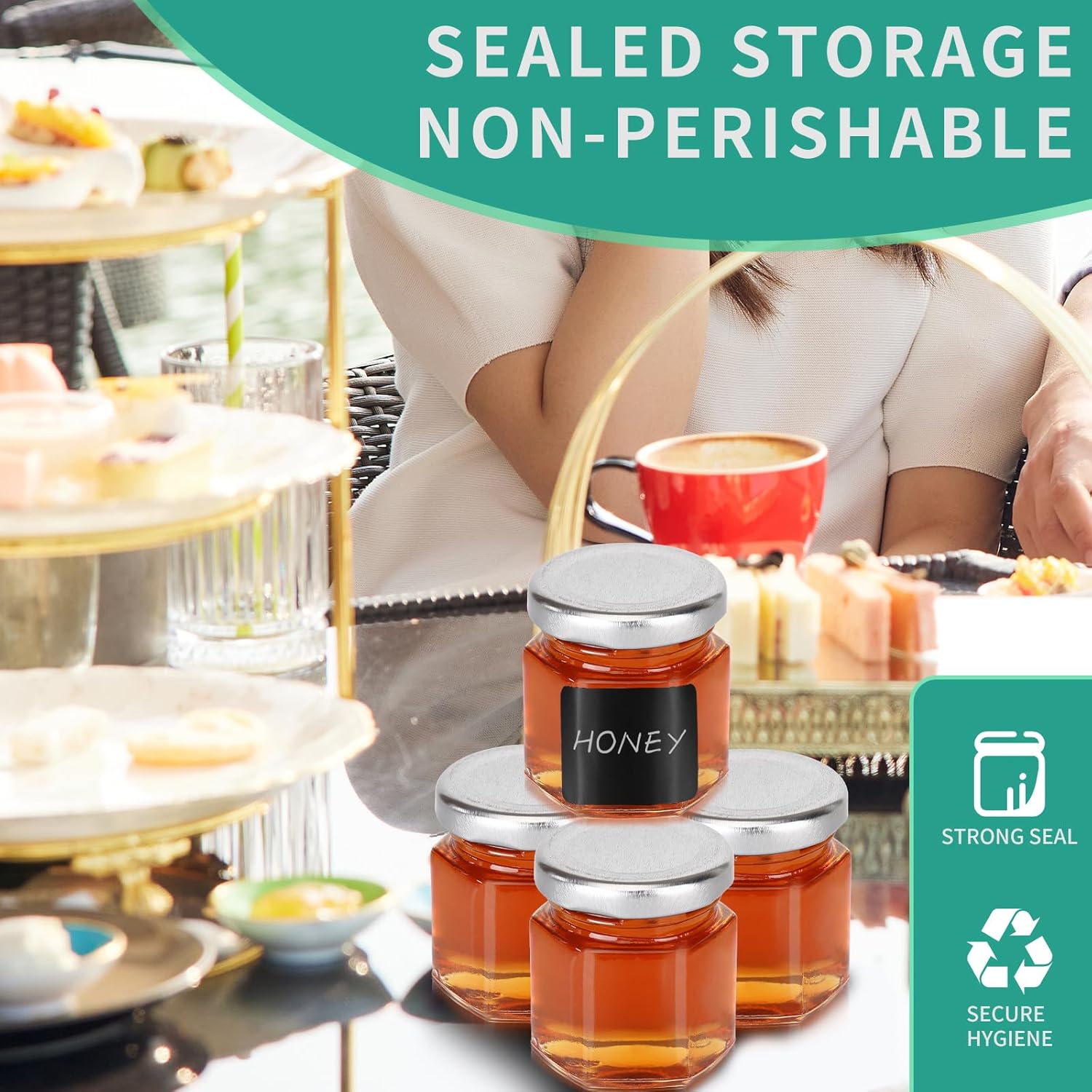 30-Pack 1.5oz Hexagon Glass Honey Jars with Silver Lids - Mini Party Favors, Airtight Storage, Ideal for Yogurt, Candles, Jam, Spice - Includes 36 Chalkboard Labels, Perfect for Wedding Favors