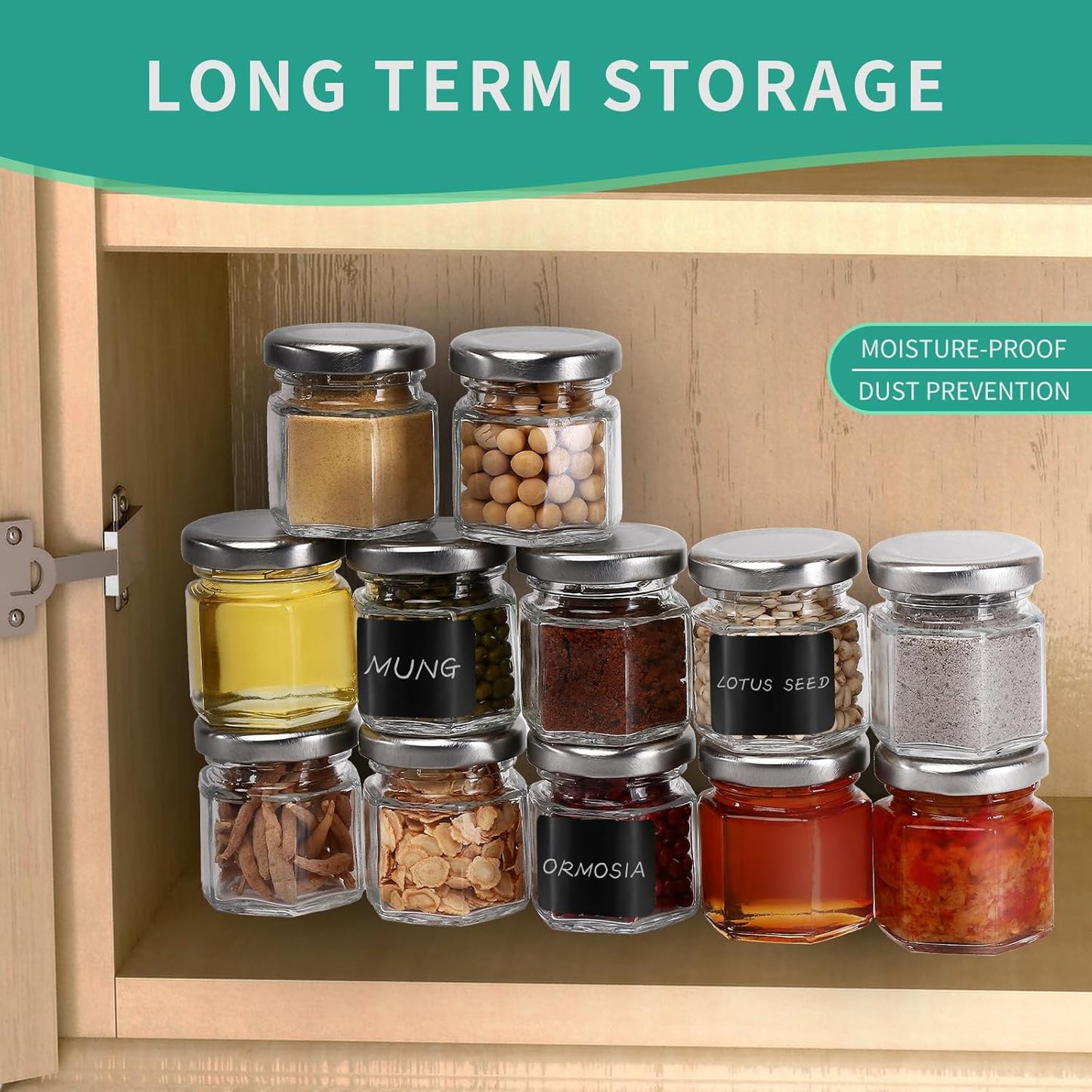 30-Pack 1.5oz Hexagon Glass Honey Jars with Silver Lids - Mini Party Favors, Airtight Storage, Ideal for Yogurt, Candles, Jam, Spice - Includes 36 Chalkboard Labels, Perfect for Wedding Favors