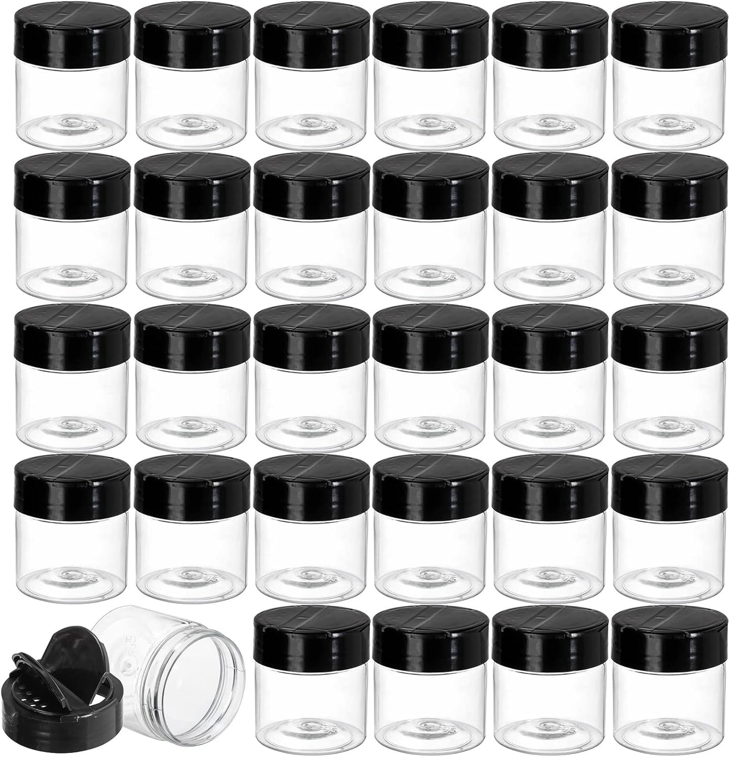 30 Pack 4 oz Clear Plastic Jars with Black Flip Cap for Seasoning, Spices, and More - Round Mini Storage Containers with Lids