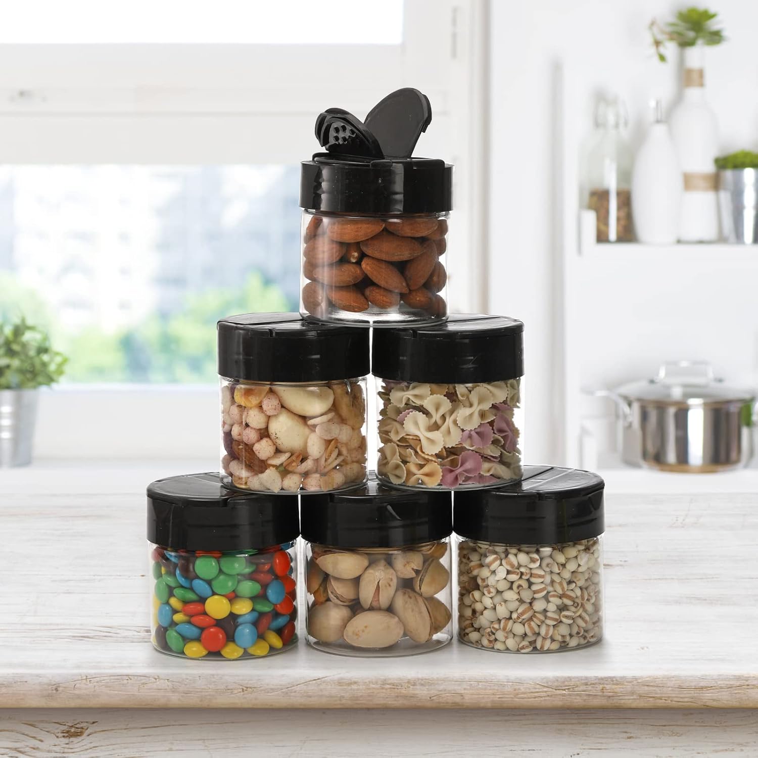 30 Pack 4 oz Clear Plastic Jars with Black Flip Cap for Seasoning, Spices, and More - Round Mini Storage Containers with Lids