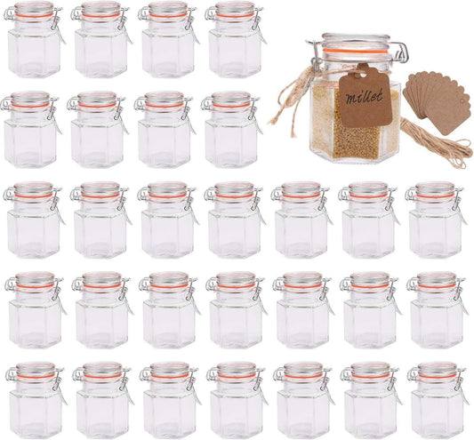 30-Pack 4 oz Small Glass Jars with Airtight Lids - Hexagon Shape, Leak Proof Rubber Gasket, Hinged Lids for Kitchen - Mini Spice Jars with Twine and Tags