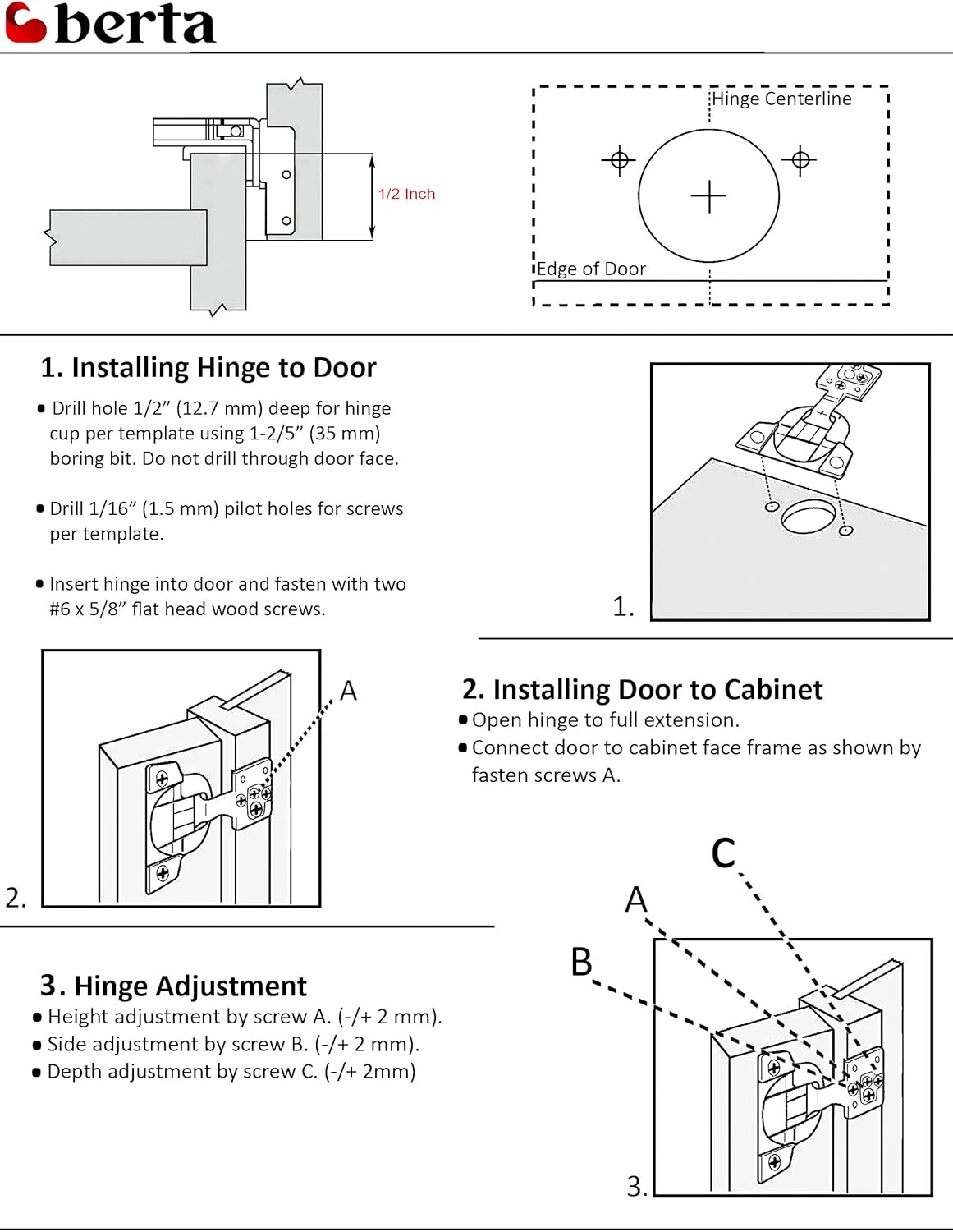 30-Pack Berta Soft Closing Face Frame Cabinet Hinges - 1/2 inch Overlay, 105 Degree, 6-Ways Adjustment, Concealed Kitchen Door Hinges with Screws (30 Pieces)