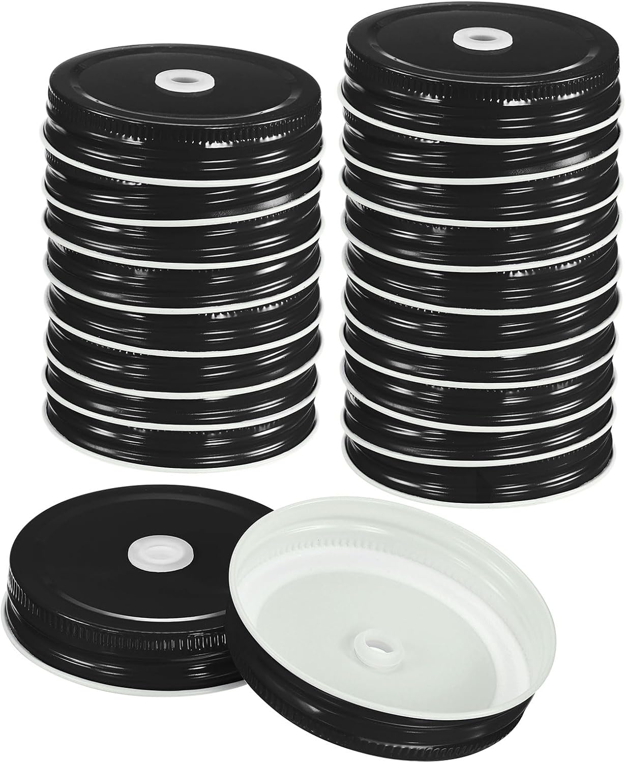 30-Pack Black Mason Jar Lids with Straw Hole - 70mm Tinplate Regular Mouth Canning Lids for DIY, Drinking, and Food Storage