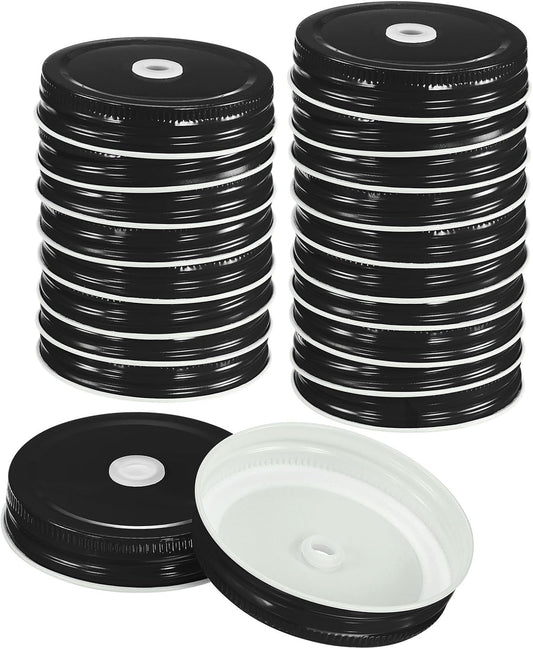 30-Pack Black Mason Jar Lids with Straw Hole - 70mm Tinplate Regular Mouth Canning Lids for DIY, Drinking, and Food Storage