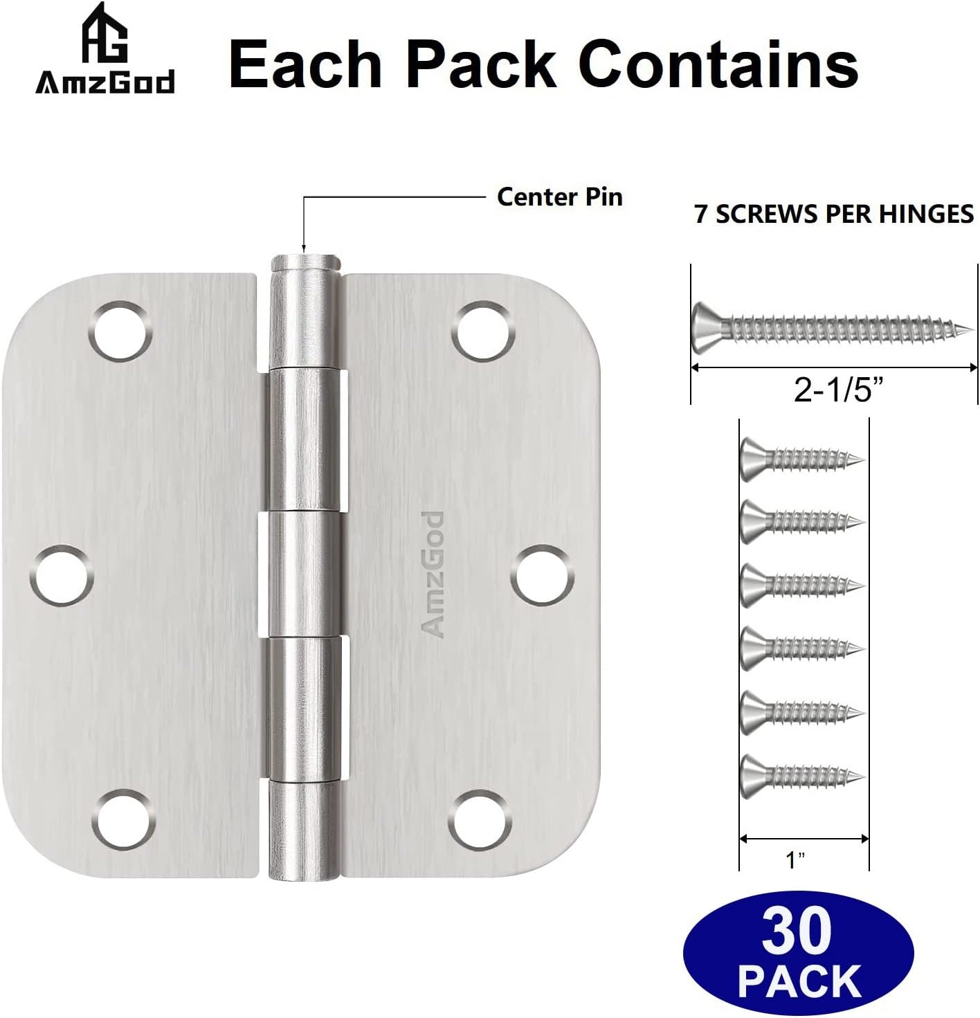 30 Pack Brushed Nickel Door Hinges 3.5 Inch Rounded Interior Satin Nickel with 5/8" Radius - Residential Standard Silver Door Hardware