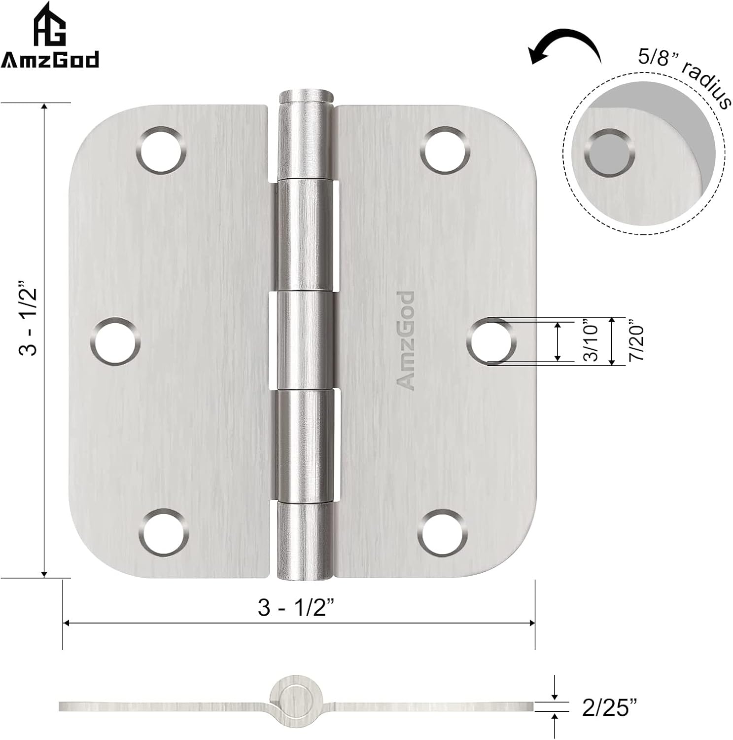 30 Pack Brushed Nickel Door Hinges 3.5 Inch Rounded Interior Satin Nickel with 5/8" Radius - Residential Standard Silver Door Hardware