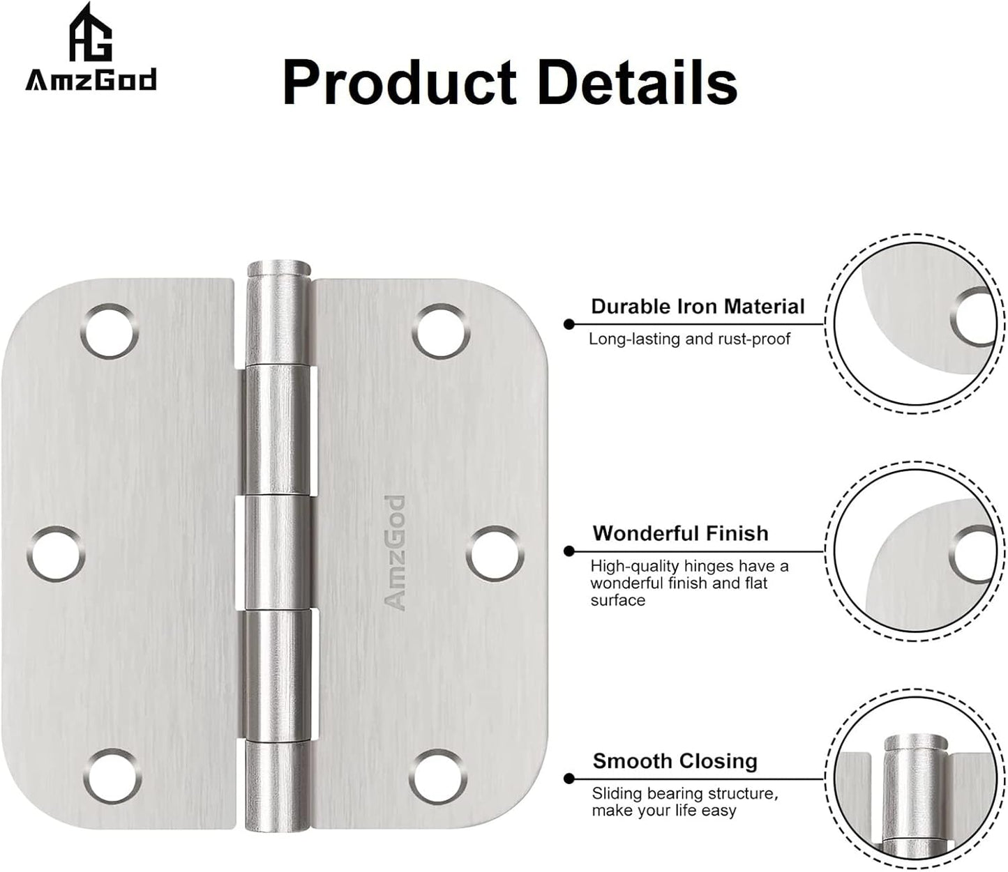 30 Pack Brushed Nickel Door Hinges 3.5 Inch Rounded Interior Satin Nickel with 5/8" Radius - Residential Standard Silver Door Hardware