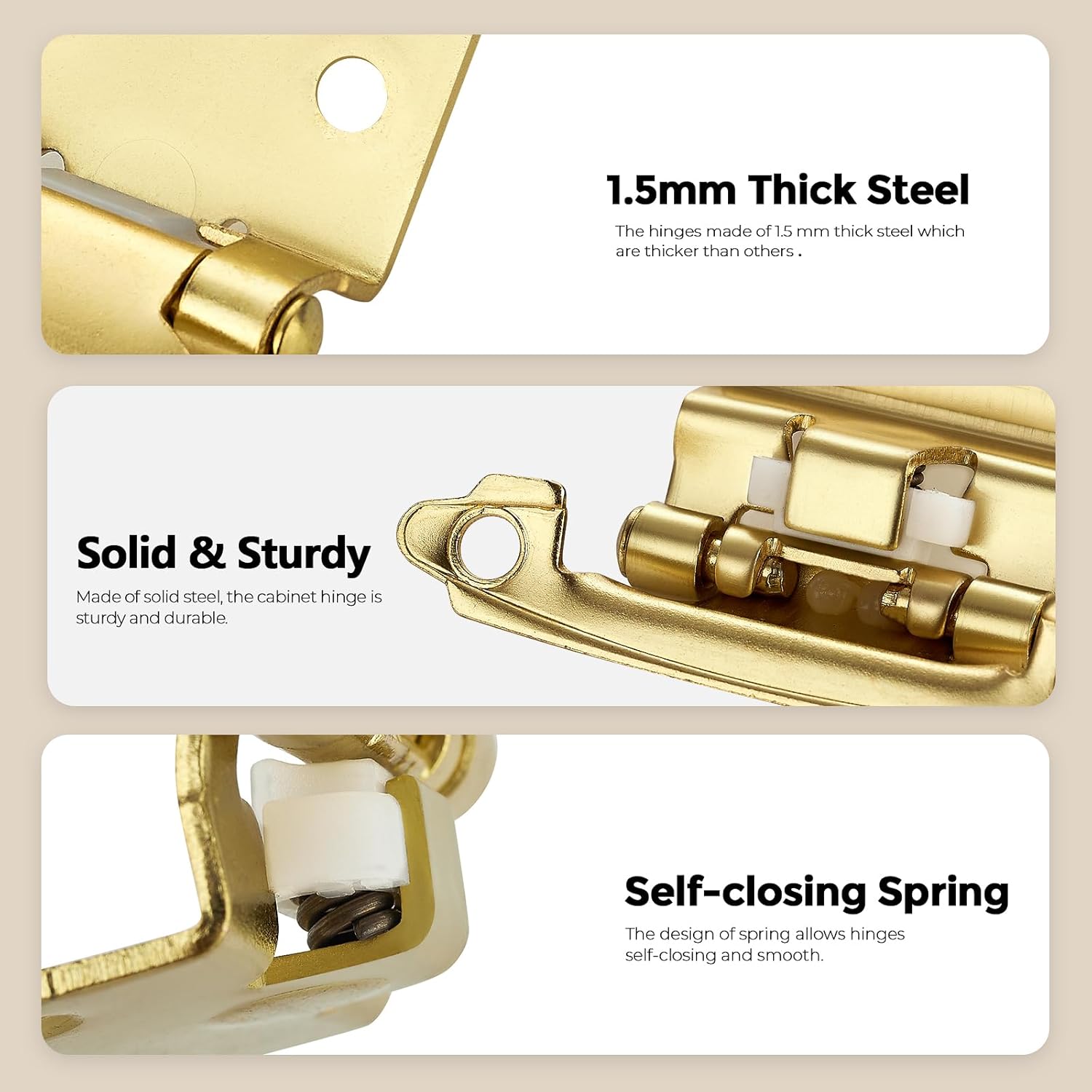 30 Pack Gold Cabinet Hinges - 1/2" Overlay, Semi-Concealed, Self Closing Kitchen Cabinet Door Hinges with Bumper - Face Mount Hardware