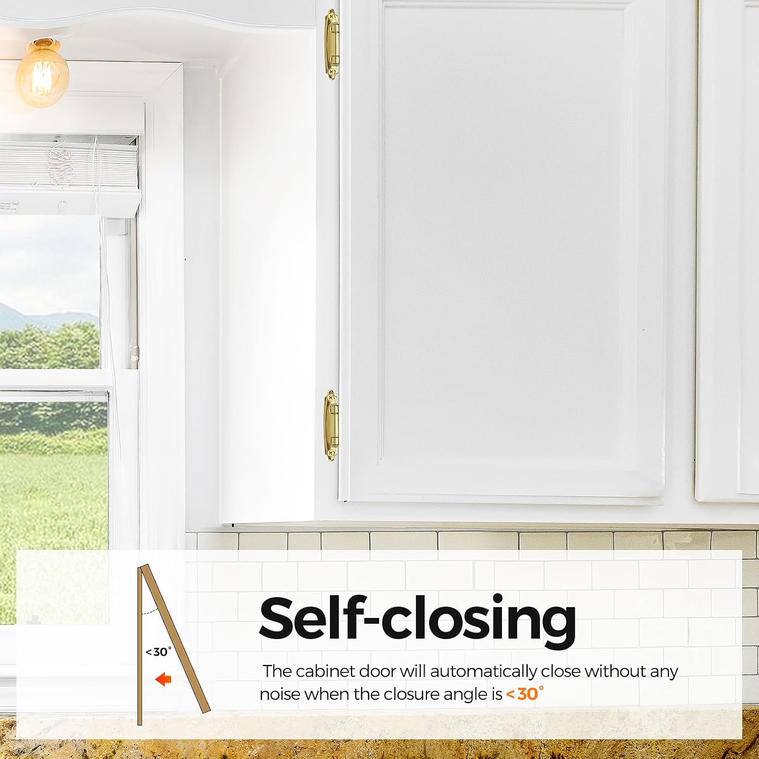 30 Pack Gold Cabinet Hinges - 1/2" Overlay, Semi-Concealed, Self Closing Kitchen Cabinet Door Hinges with Bumper - Face Mount Hardware