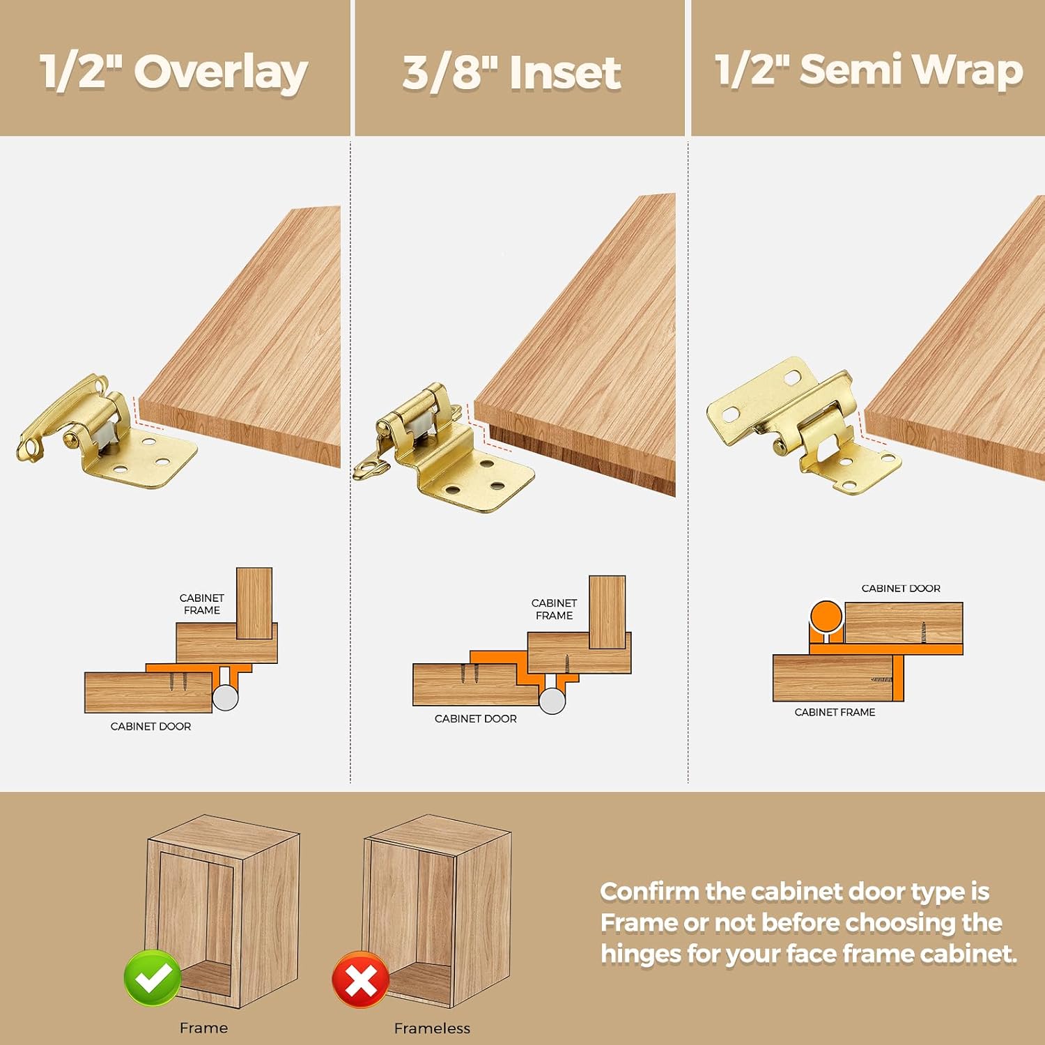 30 Pack Gold Cabinet Hinges - 1/2" Overlay, Semi-Concealed, Self Closing Kitchen Cabinet Door Hinges with Bumper - Face Mount Hardware
