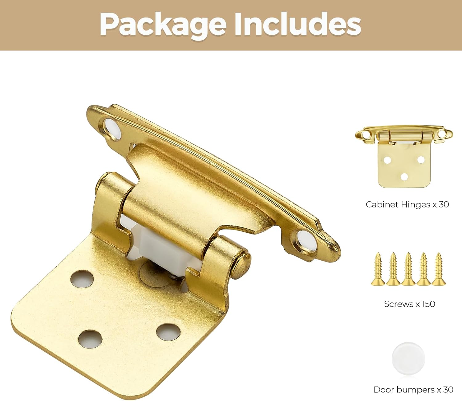 30 Pack Gold Cabinet Hinges - 1/2" Overlay, Semi-Concealed, Self Closing Kitchen Cabinet Door Hinges with Bumper - Face Mount Hardware