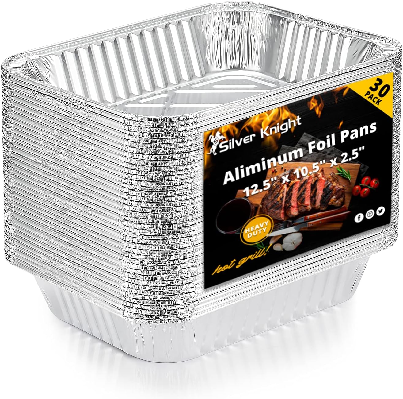 30-Pack Half Size Deep Steam Table Pans Disposable Foil Pans, Extra Thick Aluminum for Baking, Cooking, Roasting - Silver Knight 9x13
