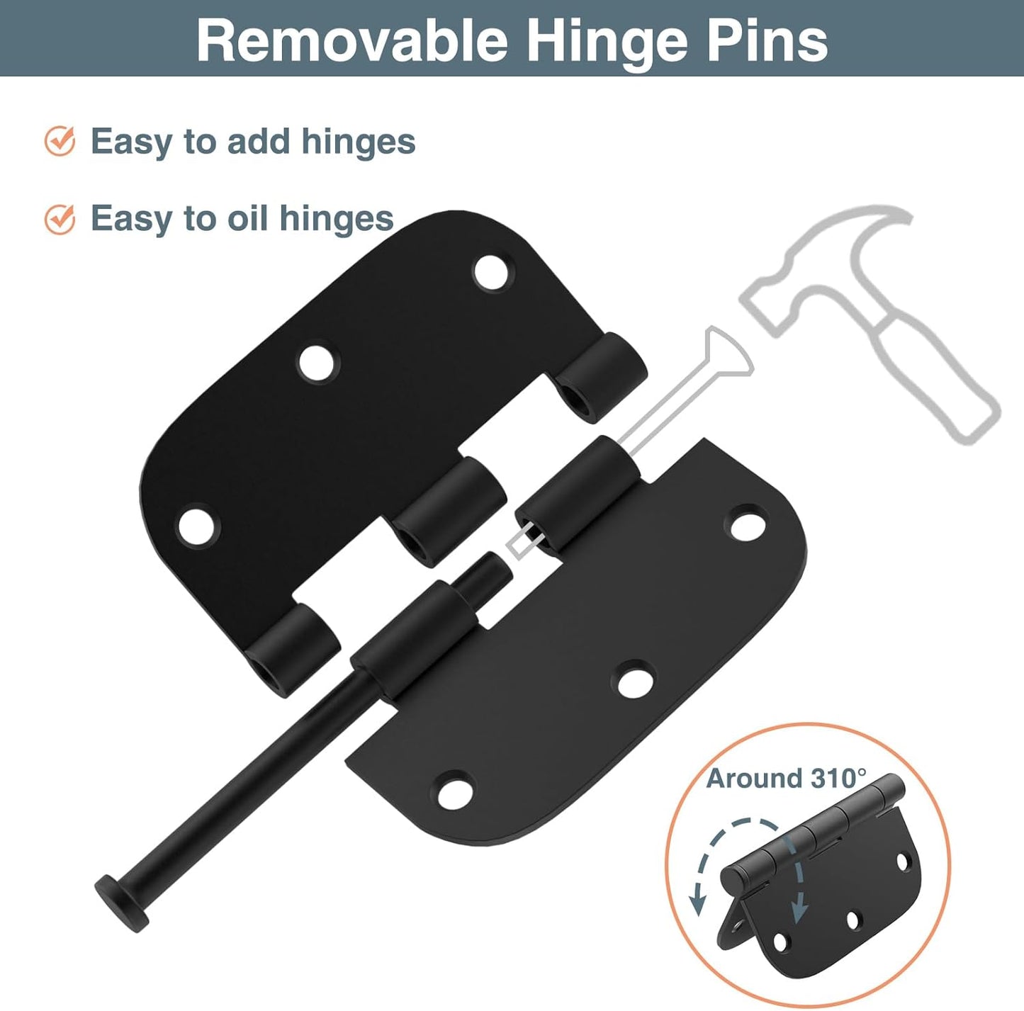 30 Pack Matte Black 3.5 x 3.5 Inch Interior Rounded Door Hinges with 5/8" Radius - Heavy-Duty Black Hinges for Standard Bedroom Office Door Hardware